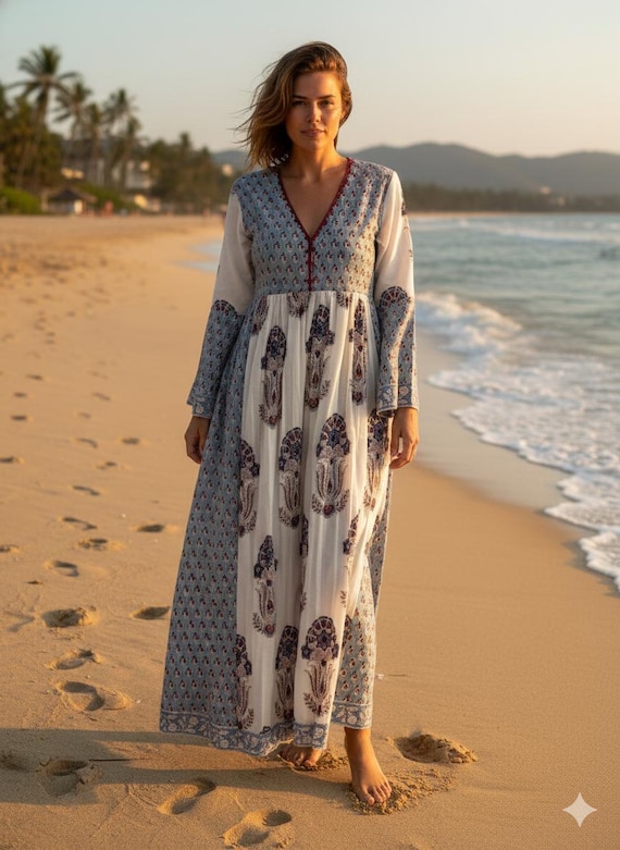 Dusty Blue Floral Hand Block Printed Cotton Maxi Dress - Ivory Panel Boho Dress Dusty Blue Floral Hand Block Printed Cotton Maxi Dress - Ivory Panel Boho Dress