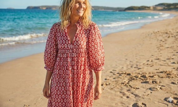 ethnic cotton dress for women Red Ikat Boho Midi – Handcrafted Dress With White Tribal Print | Relaxed Fit Summer Dress | Handmade Fashion Color:BLACK-7oz flag:enable-back-in-stock White Maxi Dress - Traditional dress Colorful Ethnic Print Maxi
