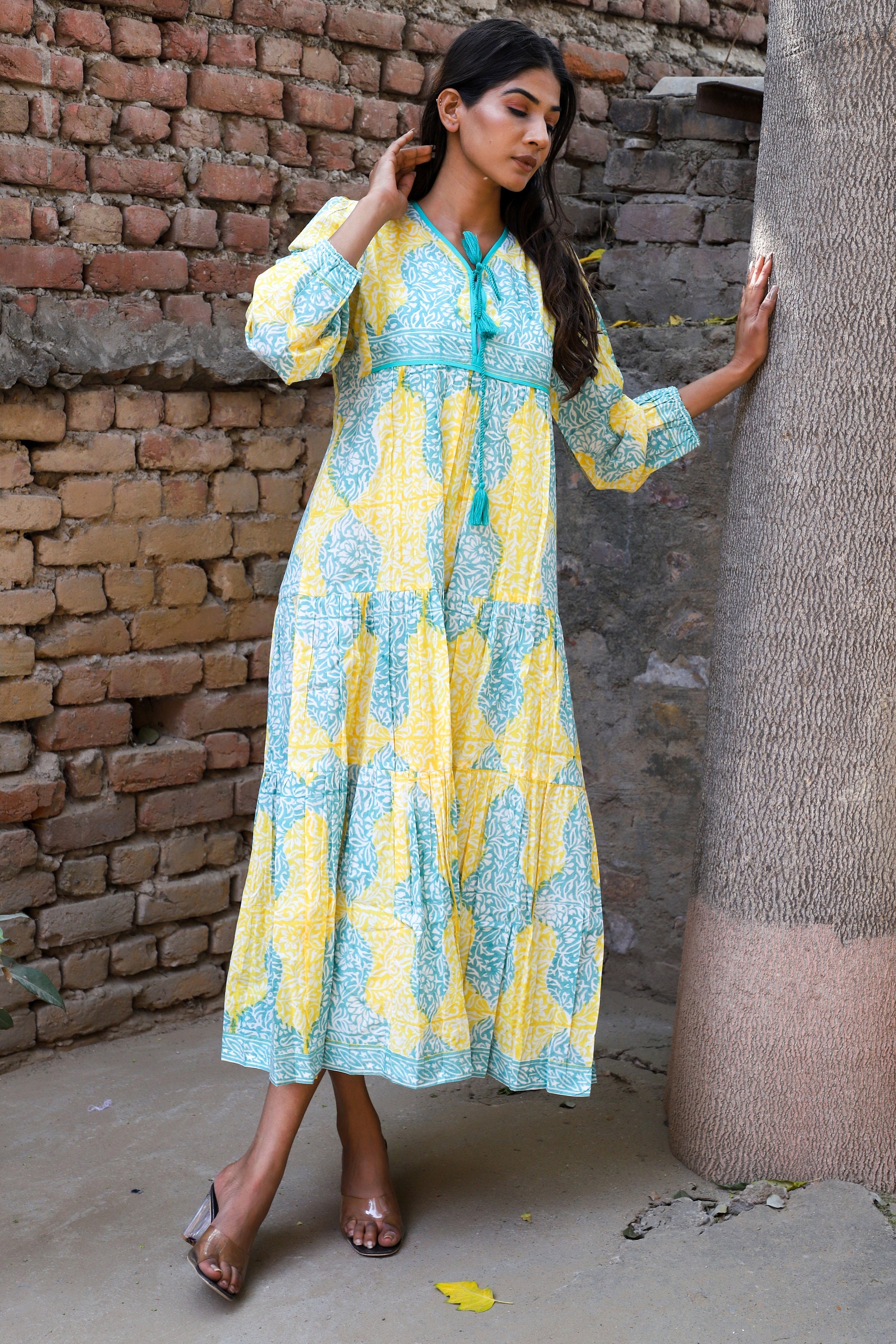 Summer Abstract Color Printed Cotton Long Maxi Dress - V Neckline