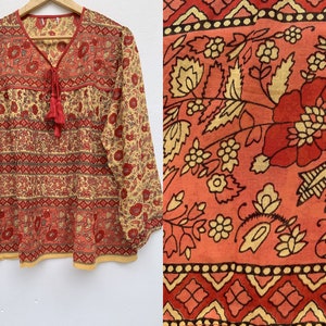 boho floral orange rote baumwoll tunika top | V-Ausschnitt mit Quaste Langarm-Sommerbluse | Indianer bedrucktes Festival Tunika Top