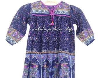 Vestido gitano de verano para niñas, estampado de elefante azul, vestido maxi étnico para niñas, escote en V con borla, vestido de manga larga