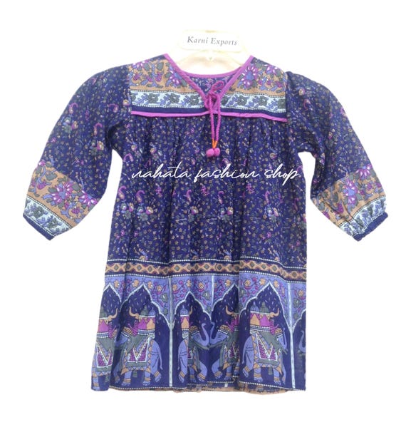 summer kids gypsy dress blue elephant screen printed ethnic kids maxi dress - v neckline with tassel kids dress - long sleeve dress