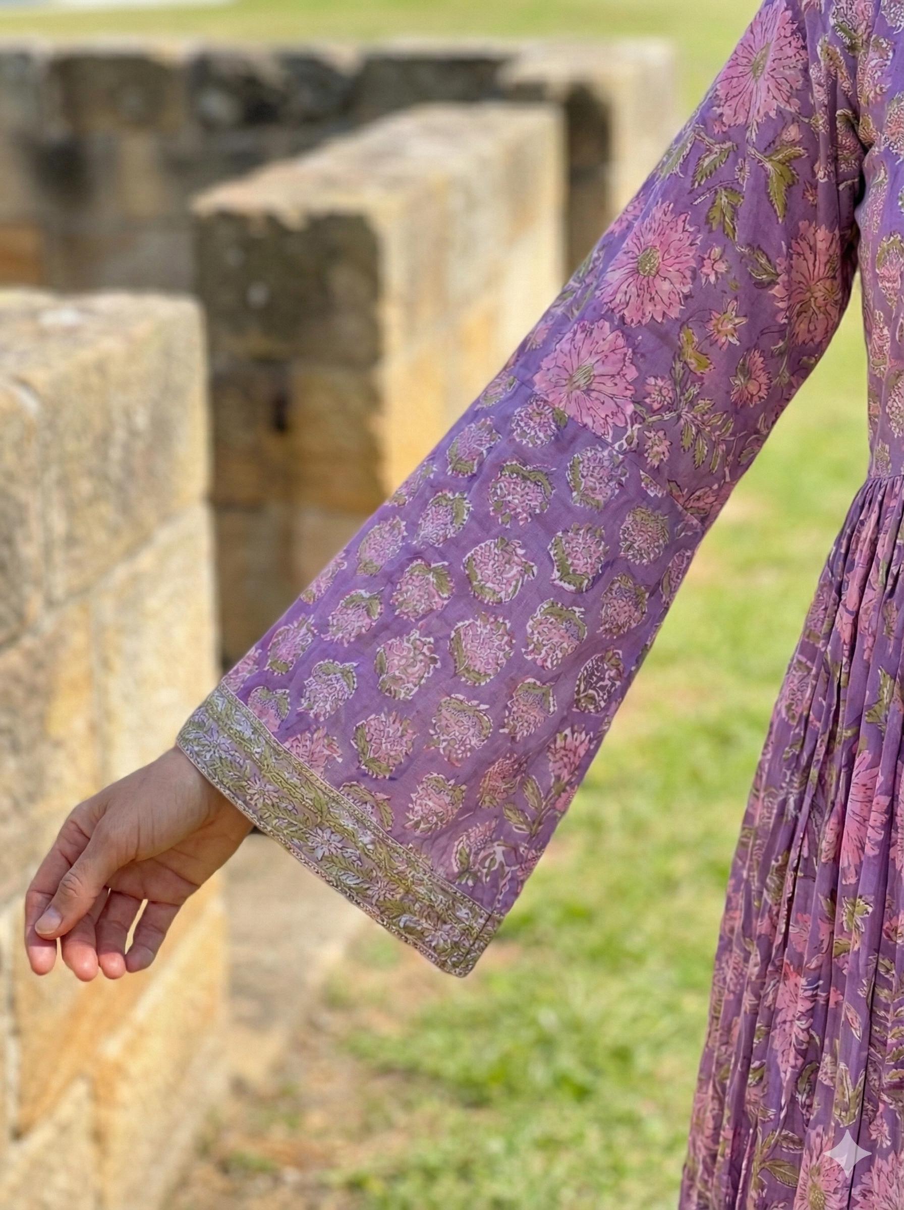 purple dress india Indian Purple Floral Block Print Cotton Maxi Dress