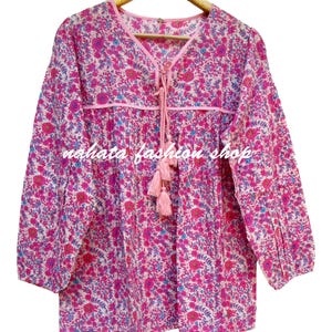 pink floral vintage cotton print blouses - long sleeve blouse - v neckline with tassel women&#39;s blouse