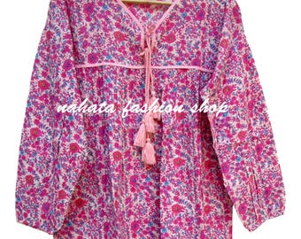 pink floral vintage cotton print blouses - long sleeve blouse - v neckline with tassel women's blouse