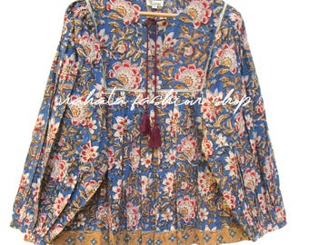 blue kalamkari block printed cotton blouse tops - Henley neckline with tassel blouse - long sleeve with buttons tunics