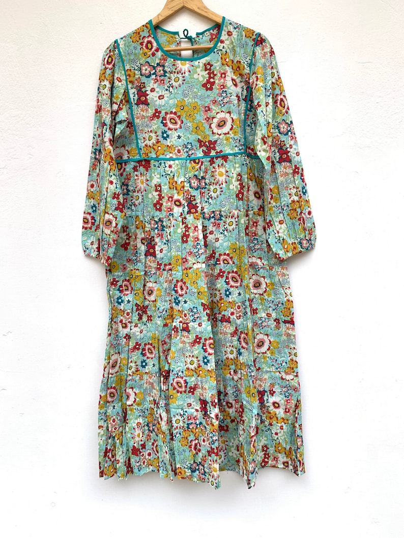 turquoise floral round neck boho long dress tie back cotton maxi dress casual summer dress hippie evening gown