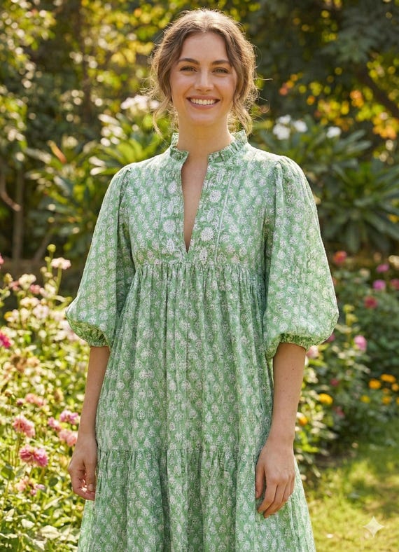green floral dress puff sleeve Sage Hand Block Printed Cotton Maxi Maternity midi