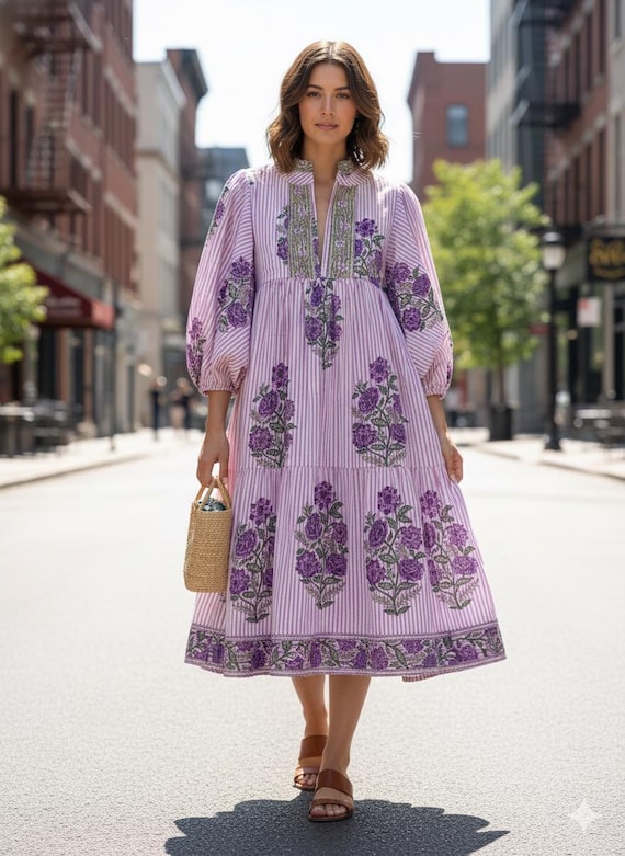 purple block print dress Purple Floral Hand Block Print Cotton Midi Dress, Long Sleeve Boho Tiered Gown, Jaipur Artisanal Summer Dress, Lilac Cotton Dress