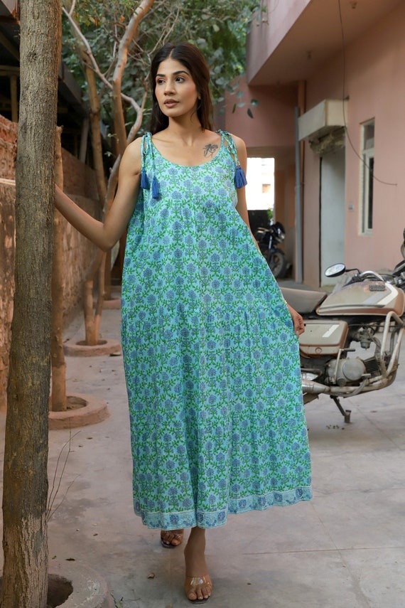 green floral bohemian cotton sleeveless maxi dress