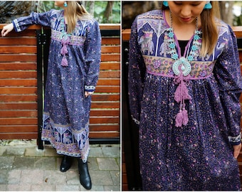 JAIPUR India Blue elephant women&#39;s long sleeve boho maxi dress gown 1970s popular vintage print cotton dress