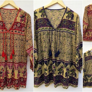 Vintage bohemian blouse top ethnic elephant print | Soft Cotton blouse tunic top | 32 inch long | Women&#39;s girls vintage blouse tunic top
