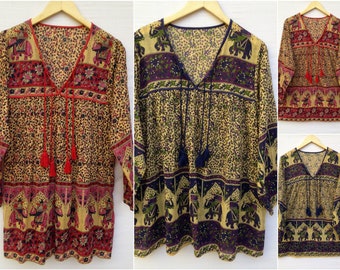 Vintage bohemian blouse top ethnic elephant print | Soft Cotton blouse tunic top | 32 inch long | Women's girls vintage blouse tunic top