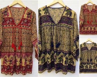 Vintage bohemian blouse top ethnic elephant print | Soft Cotton blouse tunic top | 32 inch long | Women&#39;s girls vintage blouse tunic top