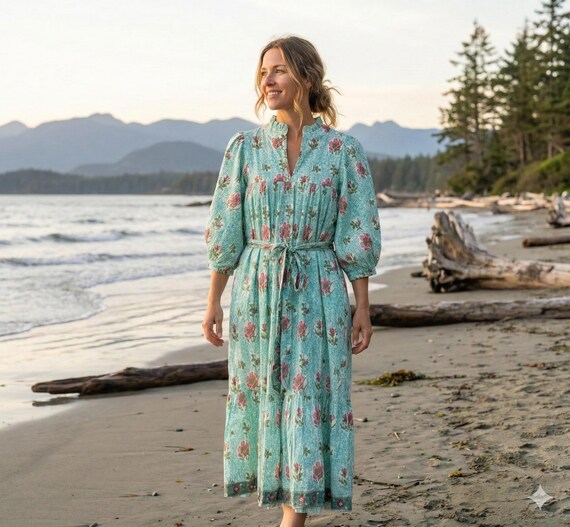 teal and pink maxi dress Teal & Pink Plunging Bubble Sleeve Maxi Dress