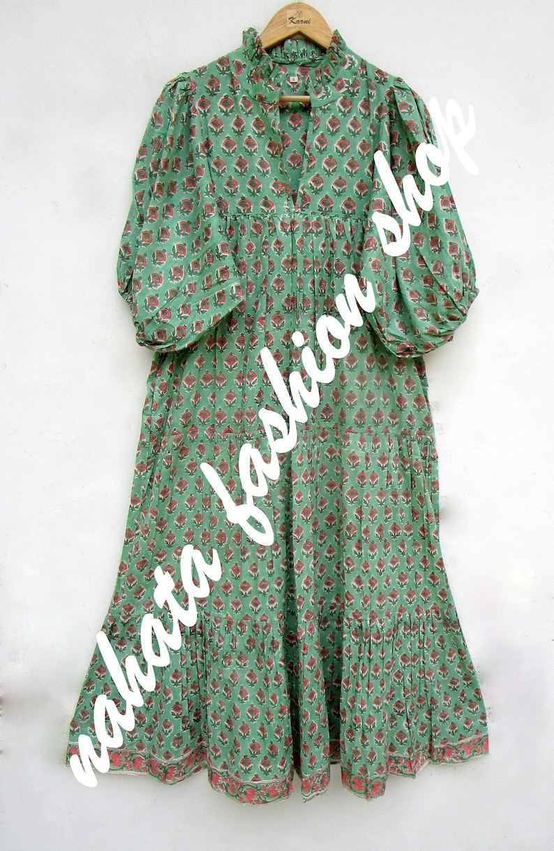 green pink floral printed cotton long maxi dress v neckline maxi dress 3/4th sleeve with button maxi dress image 1