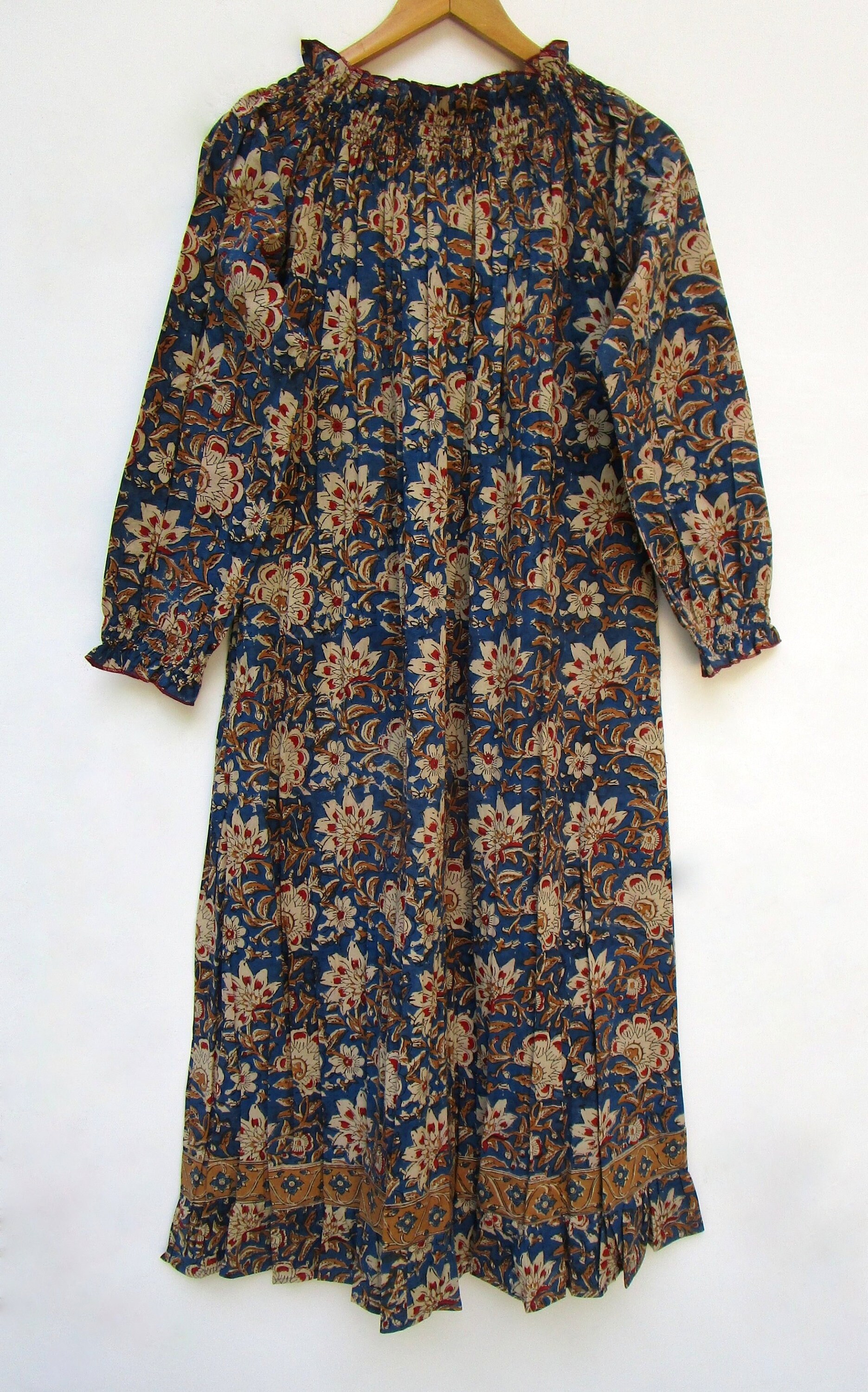 kalamkari cotton dress Traditional Kalamkari Block Printed Cotton Long Maxi Dress - Round Neckline  With Elastic Dress - Long Sleeve Bohemian Maxi