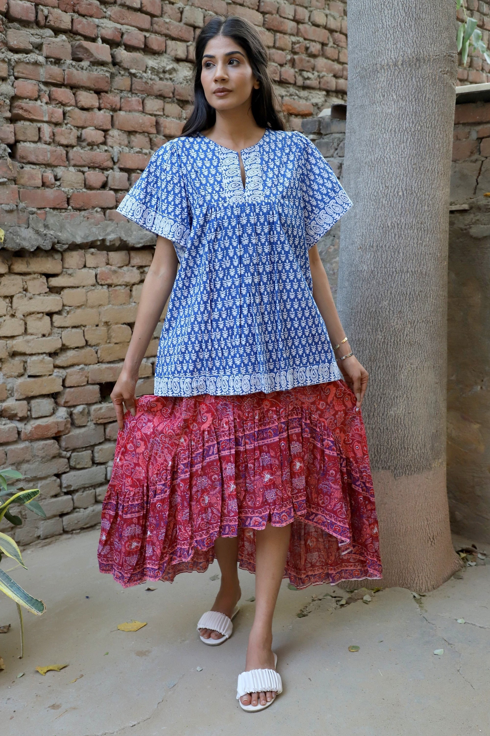 Blue Block Print Cotton Tunic Top – Boho Short Sleeve Indian Kurti