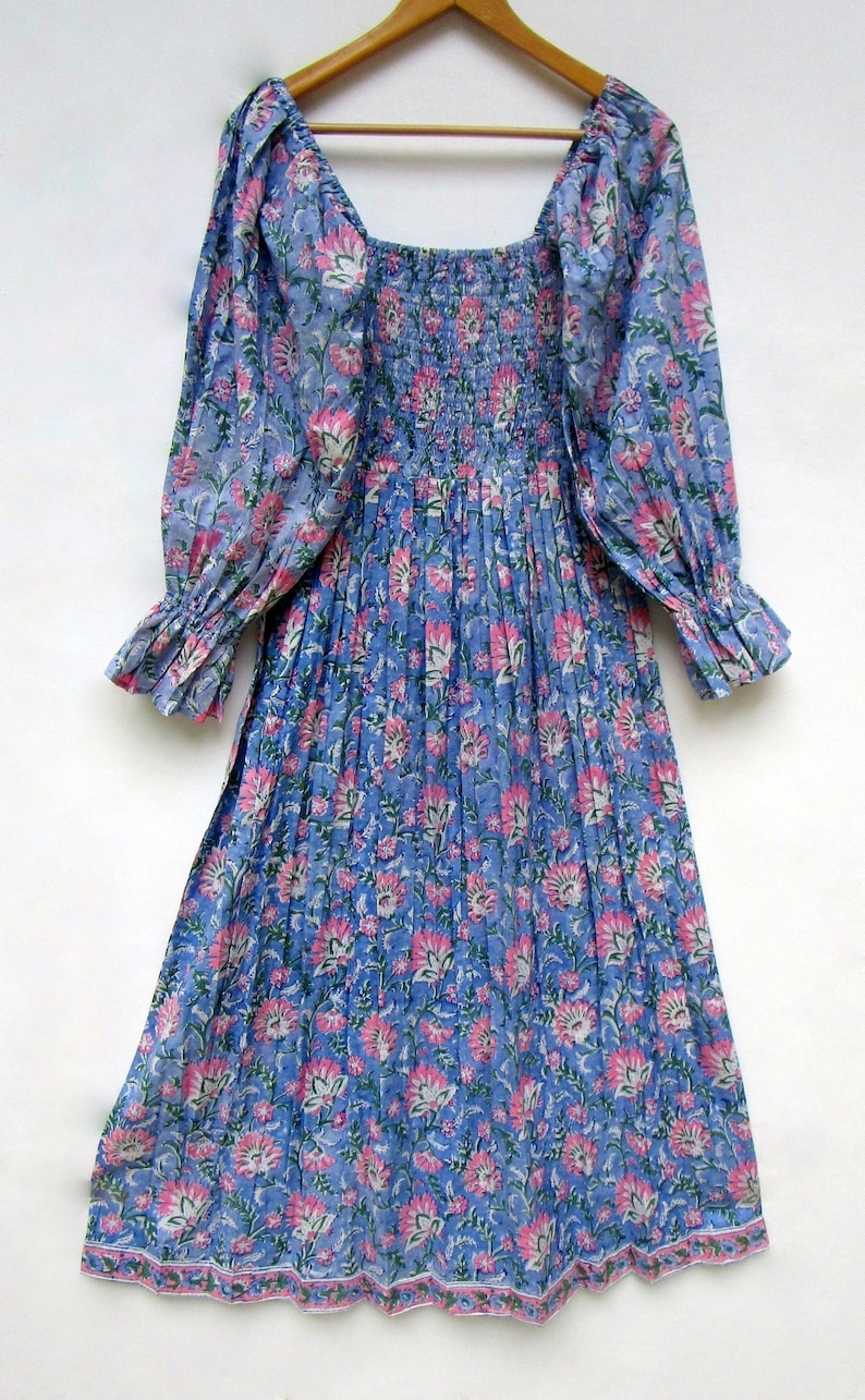 blue pink block printed pattern printed bohemian maxi dress long bell sleeve summer maxi dress square neckline with smocked maxi dress image 2