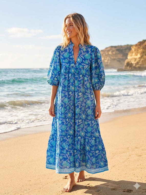 aqua blue floral dress Block Print Cotton Maxi – Boho Tiered Puff Sleeve Dress electric blue homecoming dresses Light Yellow calf length Silk Satin Colors:Taupe 835