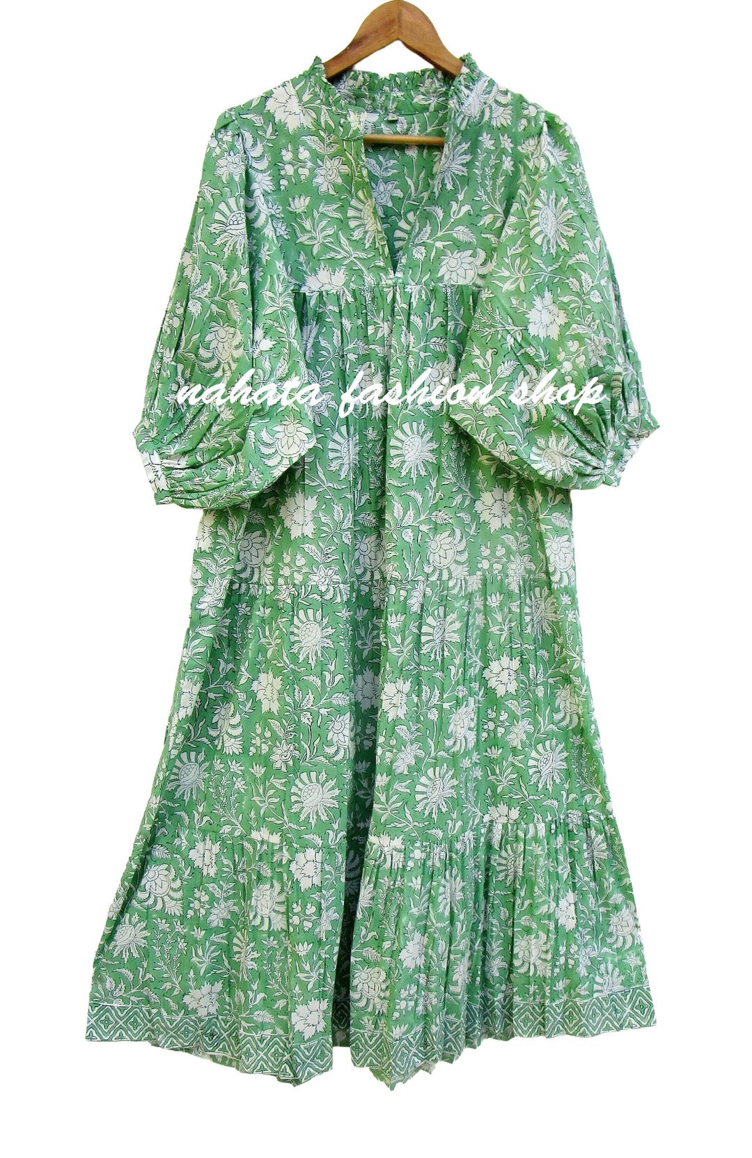 Women's Elegant V-Neck Green Floral Print A-Line Maxi Semi-Sheer Long Sleeve Spring&Summer Dress