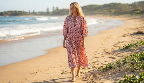 red and white boho dress Red-white Floral Block Printed Women's Maxi Dress - Frill Collar With Belt  Cotton Long Dress - 3/4th Sleeves Boho Dress