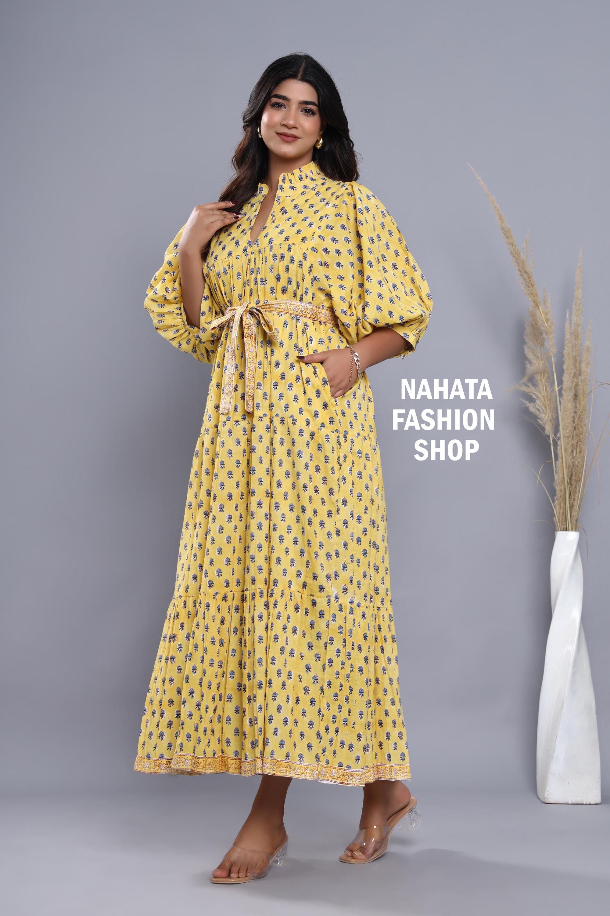 Stylish Yellow-Blue Floral Pattern Printed Women's Maxi Dress - Frill Collar with Belt Cotton Long Dress