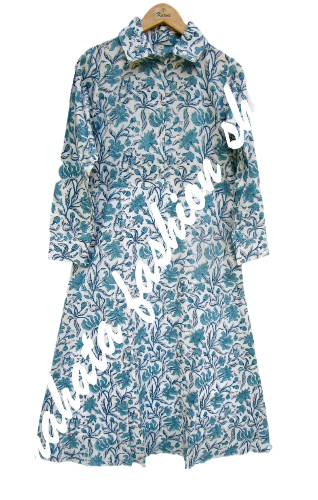 Summer Blue Floral Block Printed Cotton Maxi Dress - Collared Neckline ...