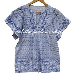 Blue Floral Block Printed Cotton Blouse - Bohemian V Neck Top - Short Sleeve Summer Shirt - Handmade Ethnic Blouse