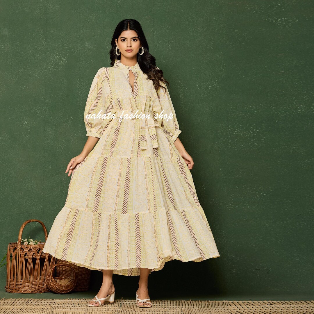 イエローハンドブロックプリントコットンマキシドレス - ベルト付き