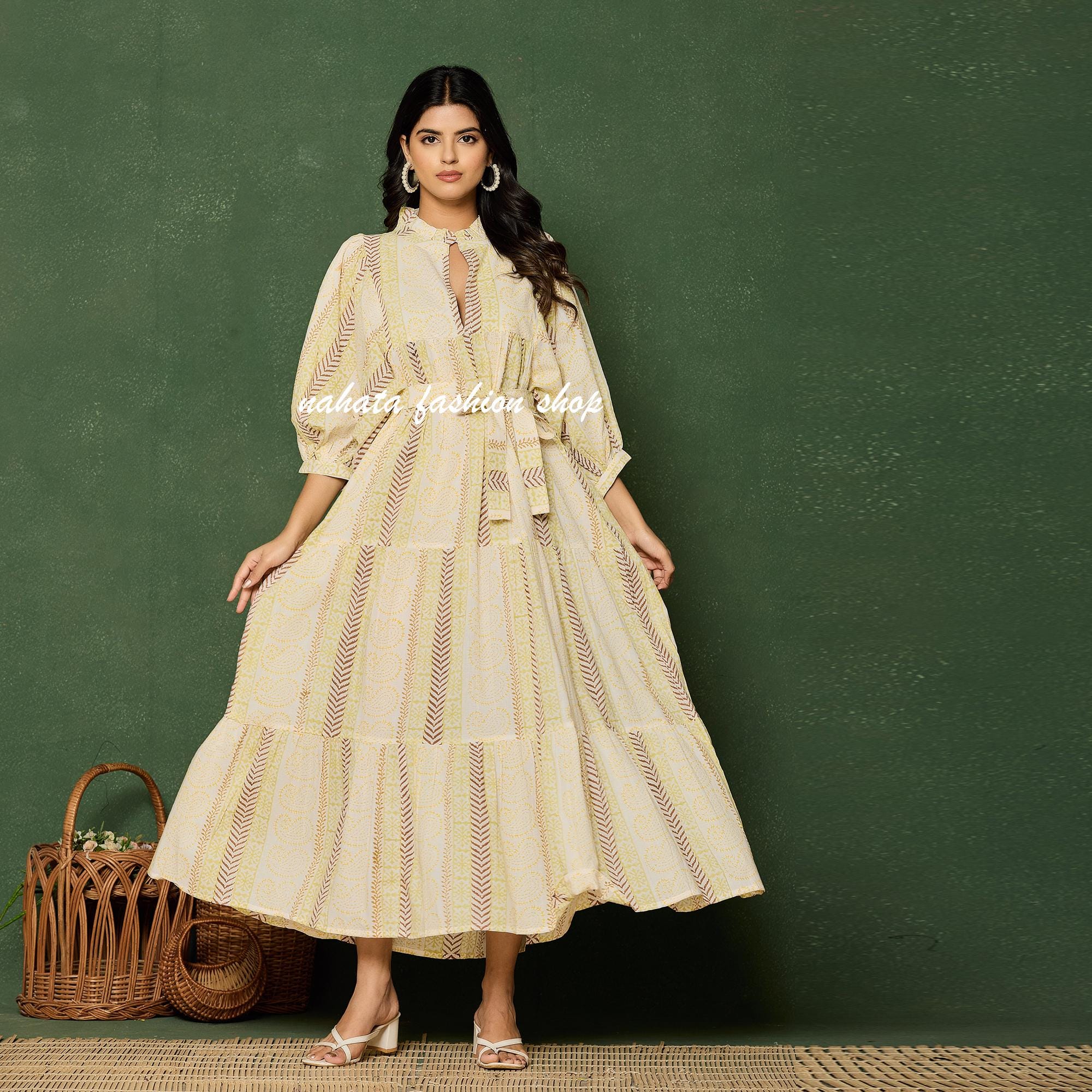 イエローハンドブロックプリントコットンマキシドレス - ベルト付き