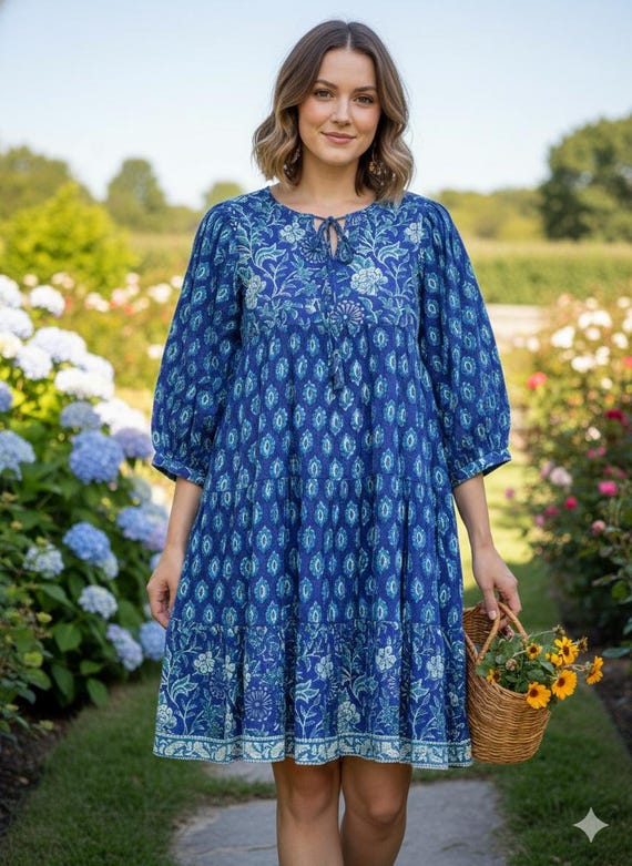 royal blue print dress Floral Hand Block Cotton Short – Boho Puff Sleeve Mini dress Rockport Taren 8 Women's complete with elbow Fit:Extra Trim body love