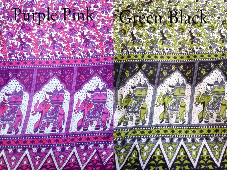May include: Two fabric swatches with a repeating pattern of elephants and floral designs. The left swatch is purple and pink, and the right swatch is green and black. The text "Purple Pink" is printed above the left swatch, and the text "Green Black" is printed above the right swatch.