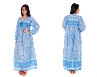 JAIPUR INDIA cotton sky blue print long sleeve V neck maxi dress women's, Vintage bohemian look floral festival dress, plus size available