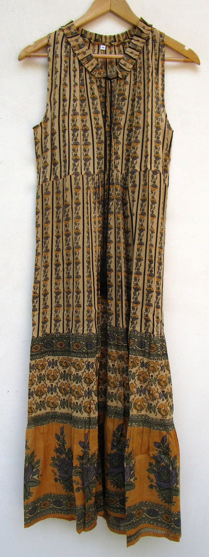 ruffle v neckline with tassel maxi dress mustard floral stripe printed cotton long maxi dress bohemian sleeve less maxi dress