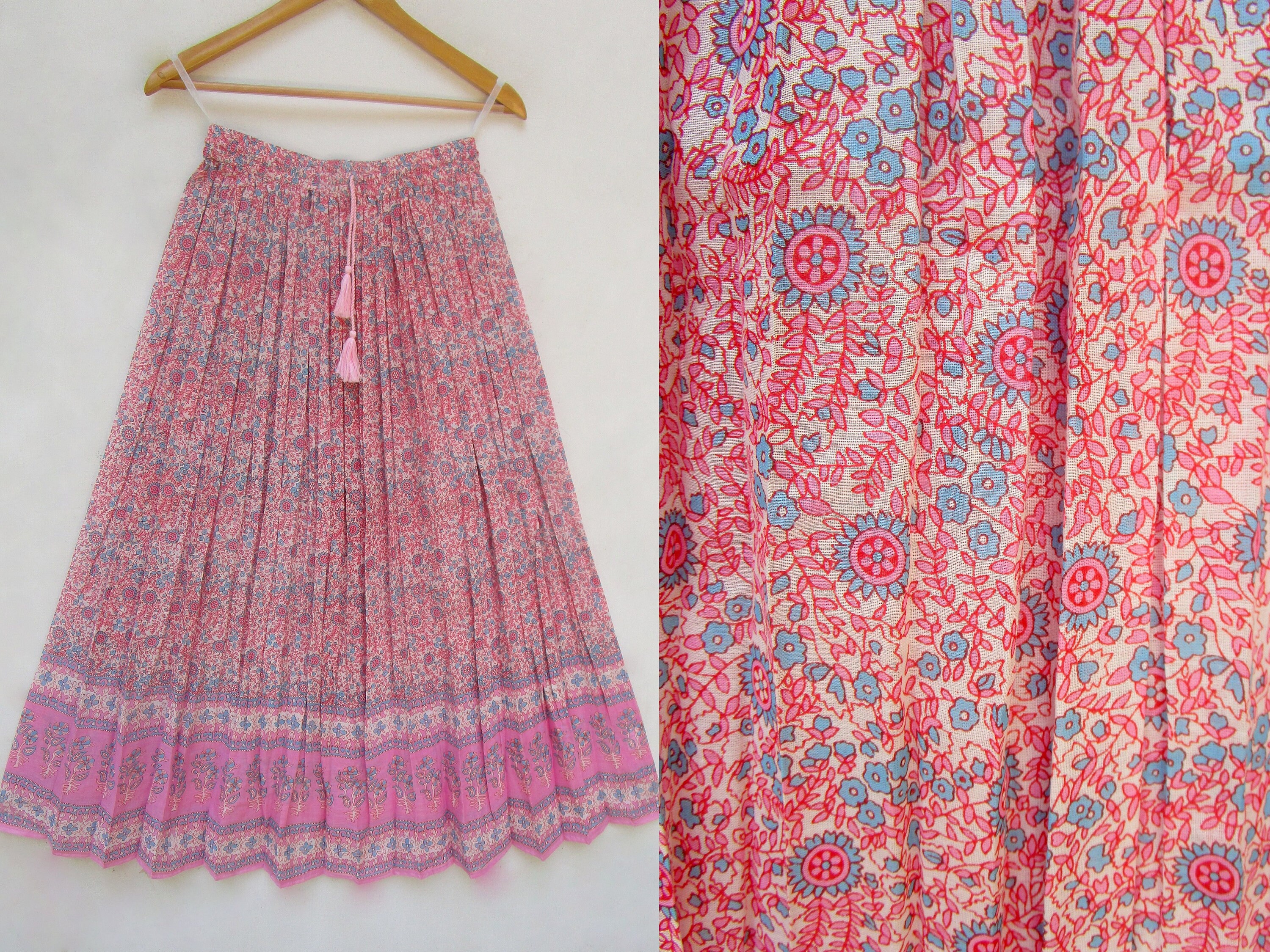 Summer Indian Regular Pink Flower Printed Cotton Long Maxi