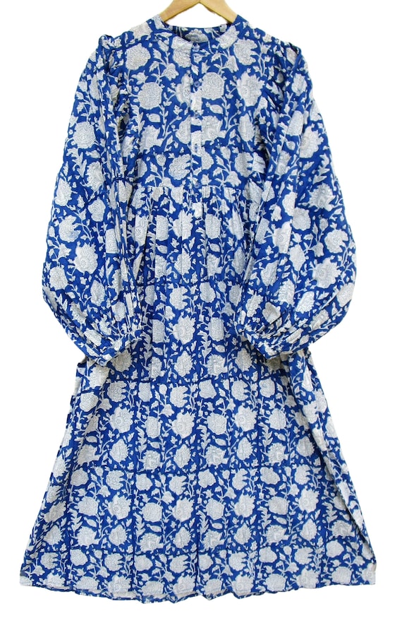 women's royal blue lotus floral printed long maxi dress- long balloon sleeve with buttons cotton dress