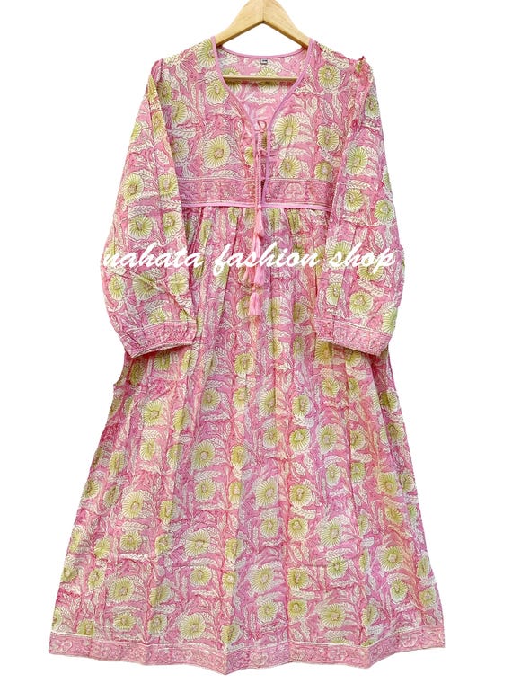 Blossom pink and green floral print boho maxi dress - cotton long dress - boho maxi dress