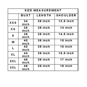 May include: Size chart for clothing with measurements in inches for bust, length, and shoulder. Sizes include XXS, XS, S, M, L, XL, 2XL, and 3XL.