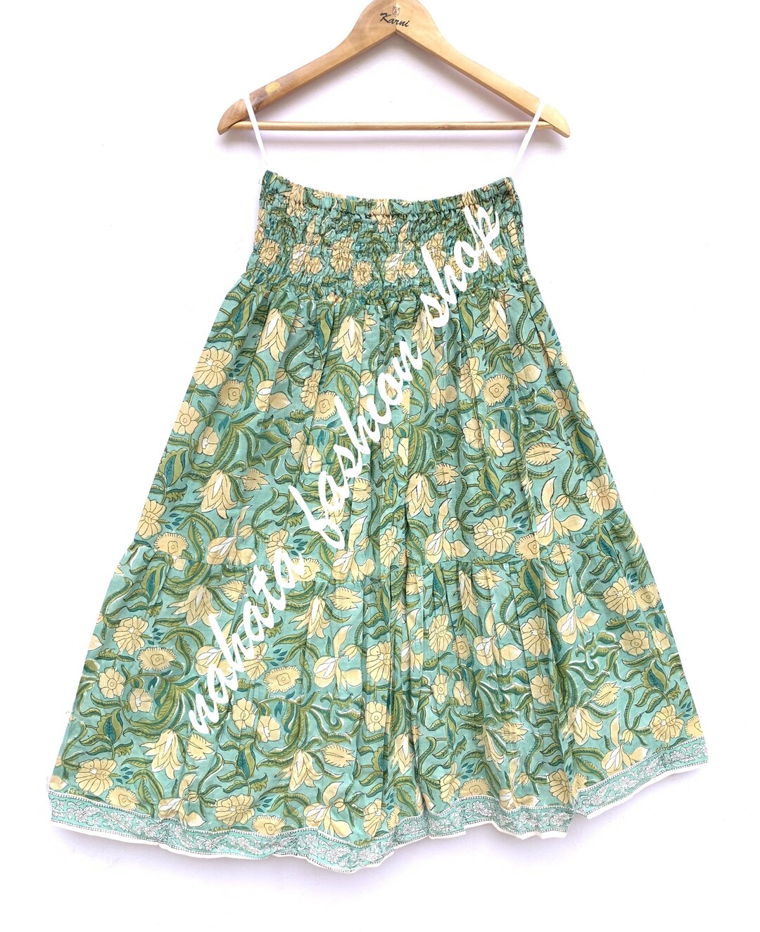 indian green blue floral hand block printed women's maxi skirts