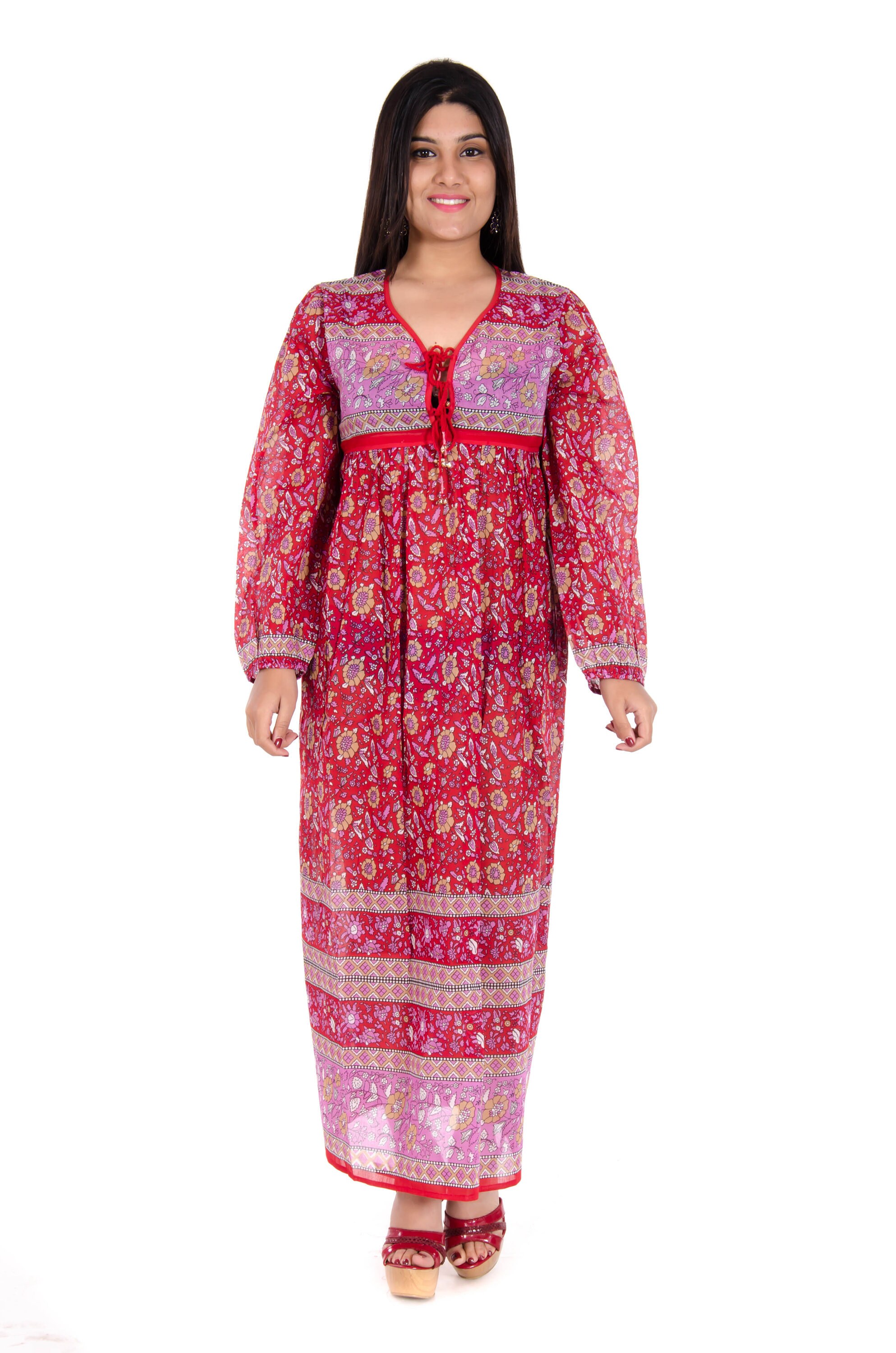 Jaipur India red floral cotton women's maxi dress & gown Etsy