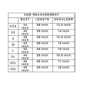 May include: A white chart with black text detailing size measurements for clothing. The chart includes bust, length (28 inches), and shoulder measurements (13.5 to 18 inches) for sizes XXS to 3XL.