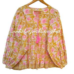 yellow pink blossom floral printed cotton blouse and tops - Henley neckline with tassel blouse - long sleeve with buttons blouse - with lace