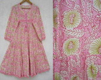 pink blossom beautiful flower printed cotton long maxi dress - v neckline with tassel long maxi dress - long sleeve summer maxi dress