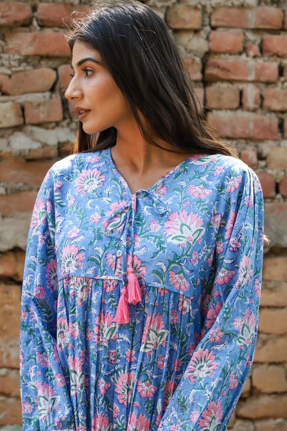 cotton blues pink floral printed indian long maxi dress - v neckline with tassel maxi cotton blues pink floral printed indian long maxi dress - v neckline with tassel maxi
