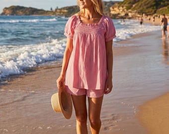 Rosa karierter Baumwollpyjama für Damen, Babydoll-Top mit Puffärmeln und Shorts im Cottagecore-Stil