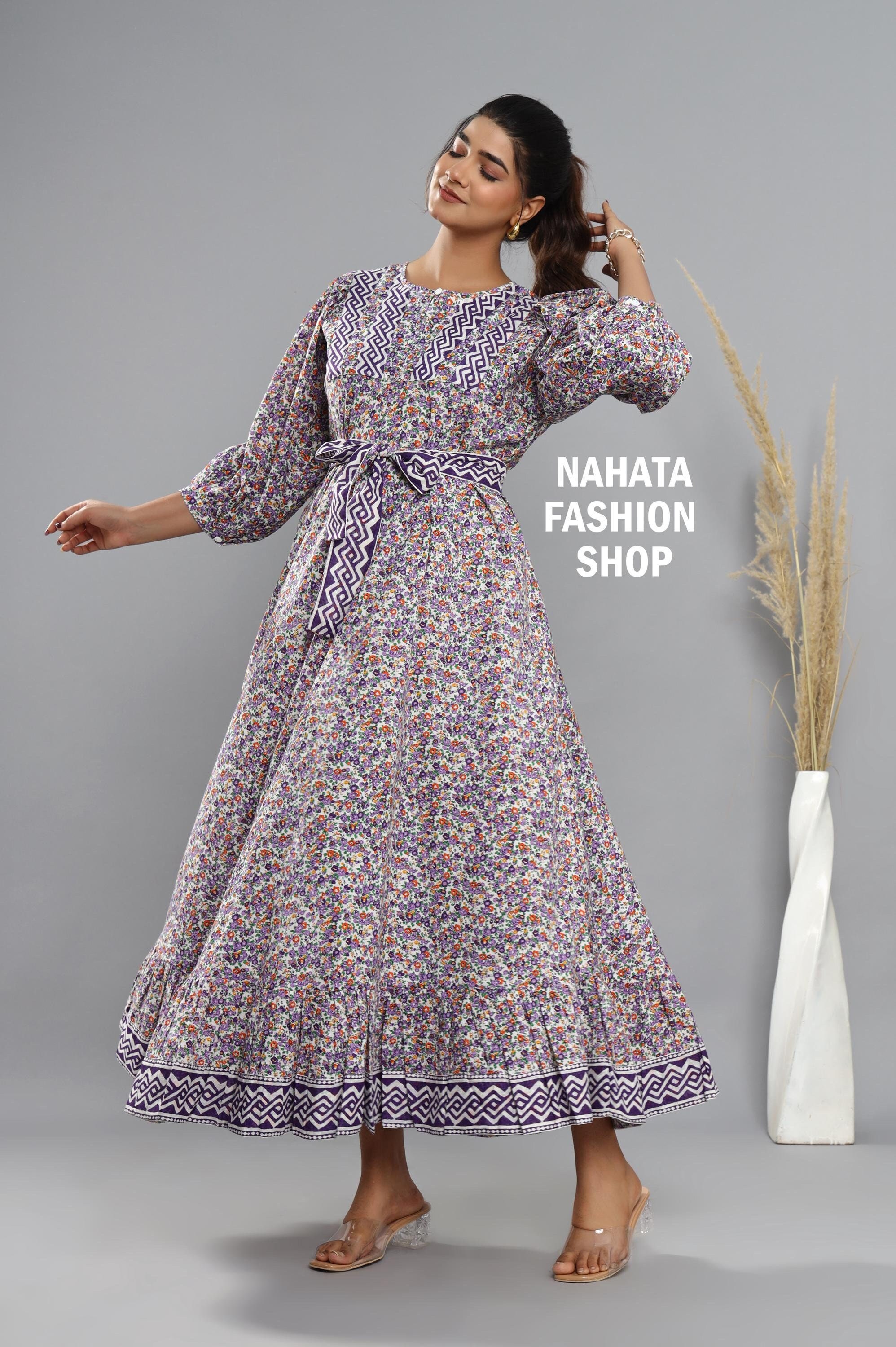 Dark Violet Floral Hand Block Printed Cotton Long Maxi Dress - 3/4th Sleeve Bohemian Dress