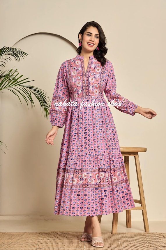 Floral Vestido Largo Algodon Manga Larga Vestido Largo De Algodón