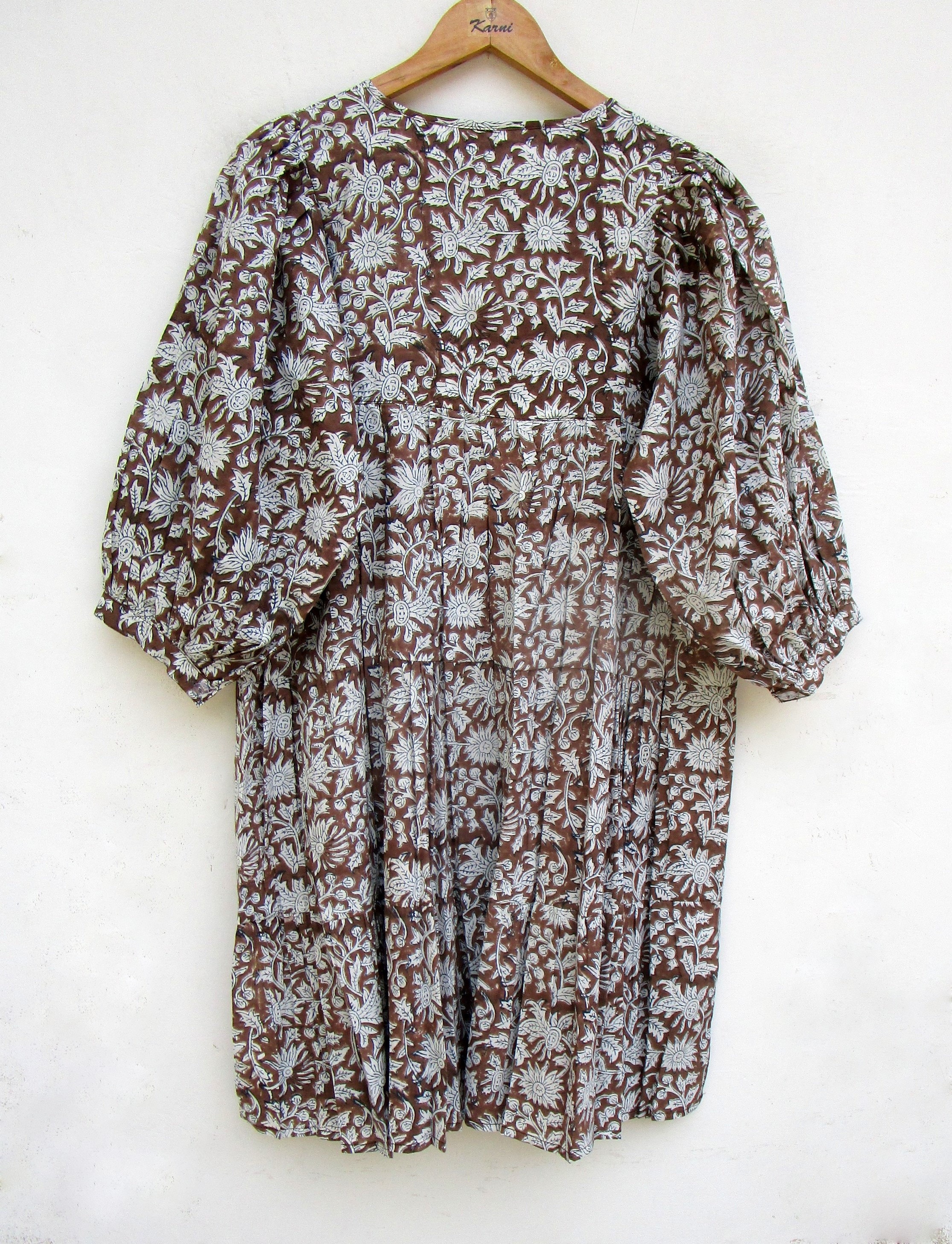 brown floral printed cotton mini maxi dress - Henley neckline with cotton ties mini dress - 3/4th sleeve with button mini maxi brown floral printed cotton mini maxi dress - Henley neckline with cotton ties mini dress - 3/4th sleeve with button mini maxi