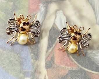 Antique 18k Gold Insect Stud Earrings, Art Deco Bee Earrings, 18ct Gold, Silver, Pearl, Rubellite, Diamond, 1930s, Bug Jewelry, Bees Jewelry